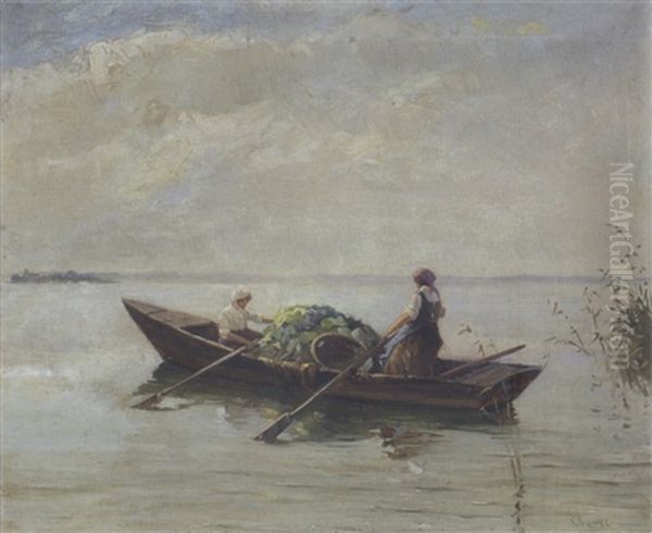 Zwei Bauerinnen In Einem Mit Krautkopfen Beladenem Boot Bei Der Uberfahrt Uber Den Chiemsee Oil Painting by Karl Raupp