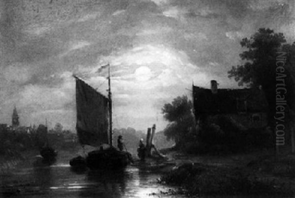 A Ship In A Moonlit Bay Oil Painting by Jan Van Ravenswaay