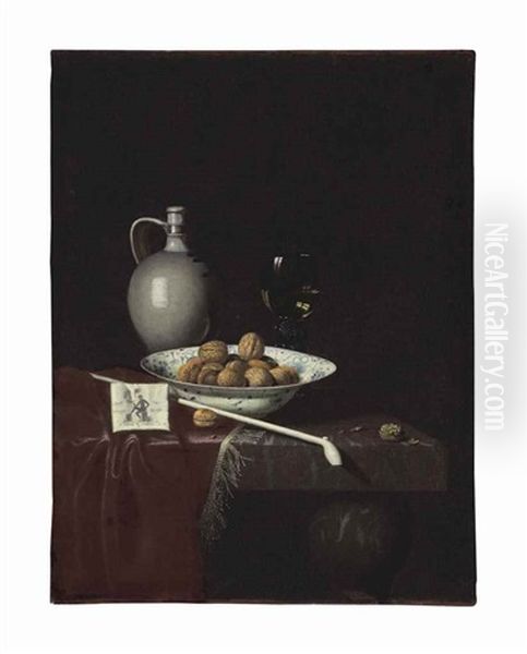 Walnuts In A Wan-li Porcelain Bowl, A Stoneware Jug, A Pipe, A Packet Of Tobacco, And A Roemer Filled With Wine On A Partially Draped Marble Table Oil Painting by Hubert van Ravesteyn