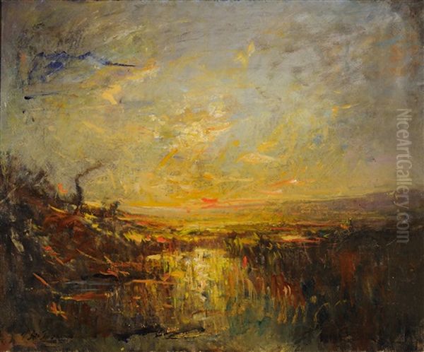 Etang De L'aleva Soleil Couchant Oil Painting by Auguste Francois Ravier