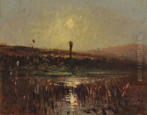 Coucher De Soleil Et Reflet Entre Les Joncs (morestel) Oil Painting by Auguste Francois Ravier