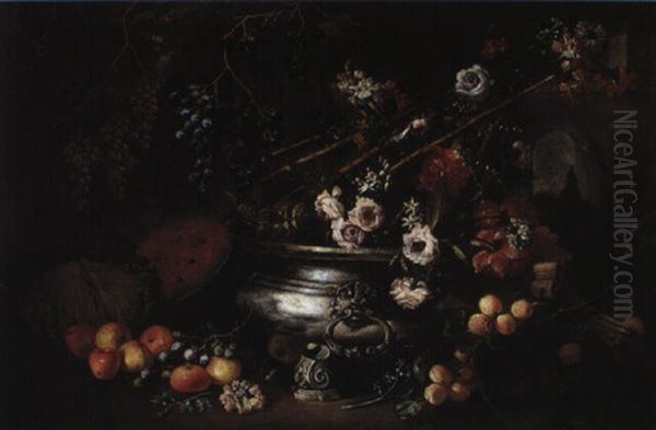 Nature Morte Aux Fruits, Fleurs Et Pieces D'orfevrerie Oil Painting by Tommaso Realfonso