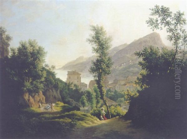 Italienische Kustenlandschaft (ligureian Coast?) Oil Painting by Josef Rebell