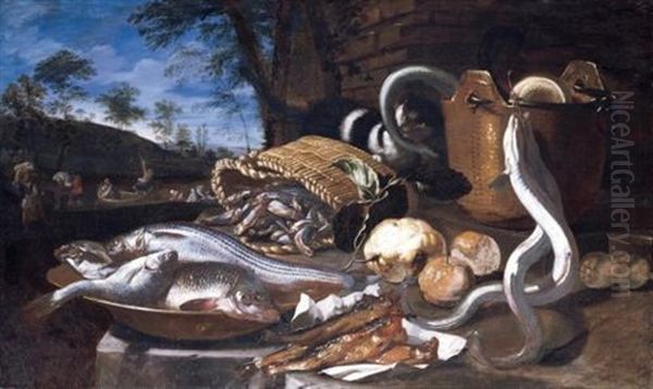 A Still Life With Various Fish In A Basket And Bowls, Eels And Fruit, All Arranged Upon A Stone Platform, A Landscape With Fishermen Beyond Oil Painting by Giuseppe Recco