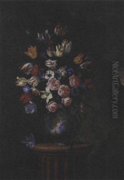 Tulipani, Rose E Altri Fiori In Un Vaso Di Maiolica Policroma Su Una Colonna Di Ordine Corinzio, En Plein Air Oil Painting by Giuseppe Recco