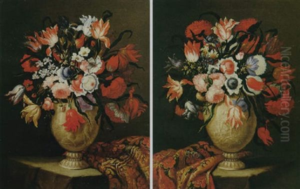 Natura Morta Di Fiore In Vase Istoriate Oil Painting by Giuseppe Recco