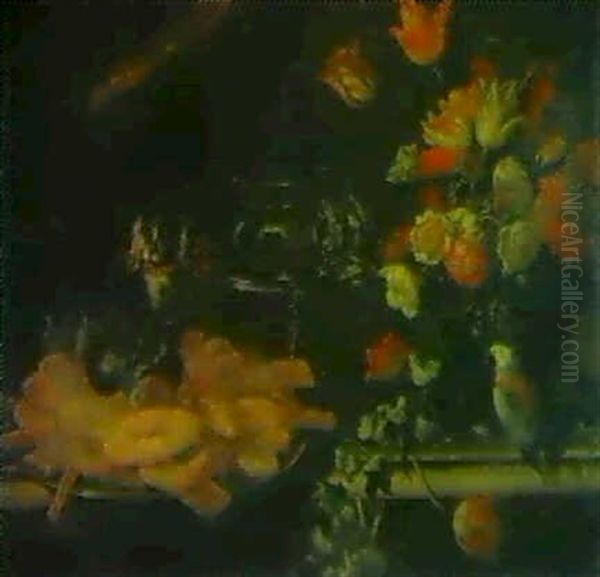 Naturaleza Muerta Con Florero, Plato De Dulces, Perro Y Loro Oil Painting by Giuseppe Recco