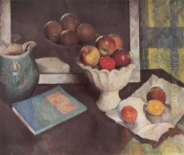 A Still Life With Fruit In A White Bowl Oil Painting by Stanley L. Reckless