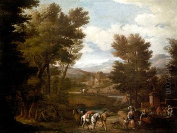 A Wooded Landscape With Travellers Passing Washerwomen In The Foreground, A Waterfall And Mountains Beyond Oil Painting by Christian Reder