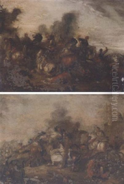 A Cavalry Skirmish On A Plain Oil Painting by Christian Reder