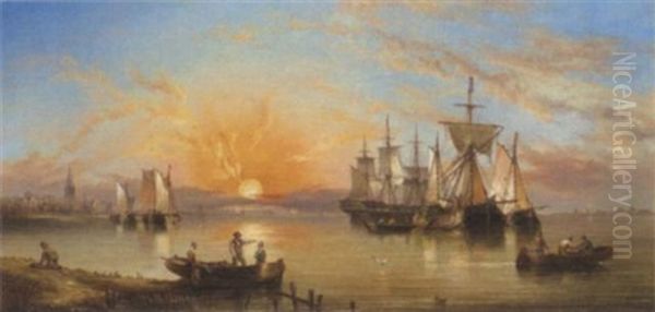 The Sun Setting Over The Estuary Oil Painting by Henry Redmore