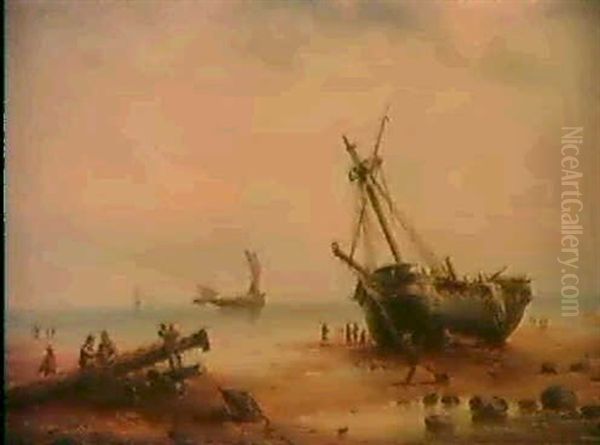 Figures By A Grounded Ship With Other Sailing Vessels In    Calm Seas Beyond Oil Painting by Henry Redmore