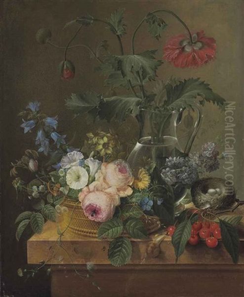 Red Anemones In A Glass Jar, Pink Roses, Narcissi, Convolvulus And Daisies In A Woven Basket, With Cherries, A Bird's Nest... Oil Painting by Pierre-Joseph Redoute