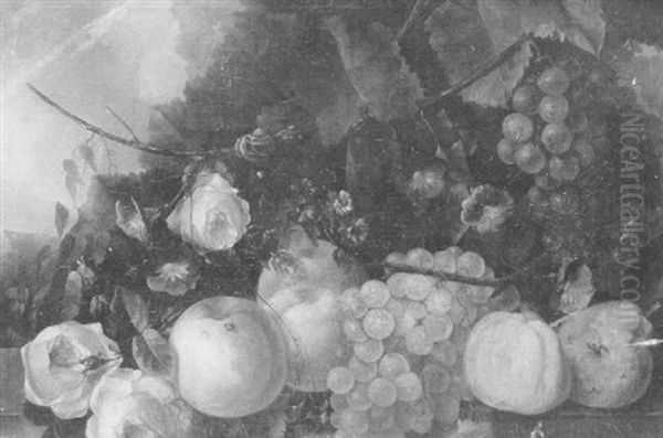 Nature Morte De Fruits Et Fleurs Sur Un Entablement De Marbre Oil Painting by Pierre-Joseph Redoute