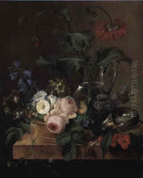 Red Anenomes In A Glass Jar With Other Flowers In A Basket On A Ledge Oil Painting by Pierre-Joseph Redoute