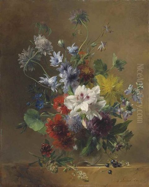 Summer Flowers In A Glass Vase On A Stone Ledge Oil Painting by Hendrik Reekers