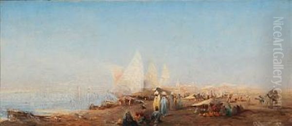 View From Egypt With Merchants, In The Background A City Oil Painting by Regnault Henri