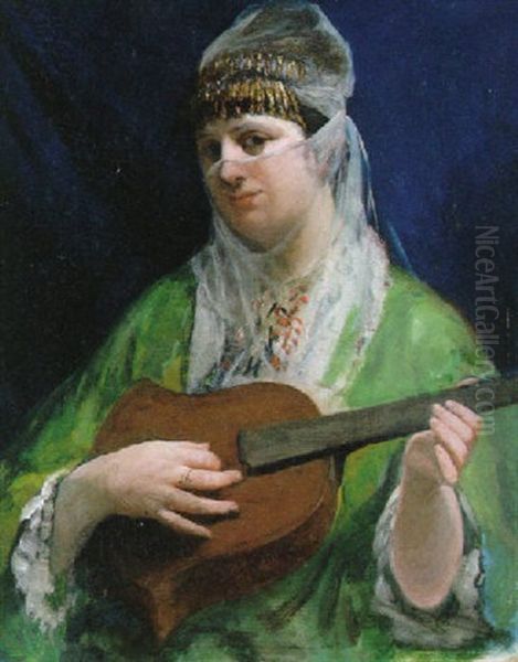 A Turkish Lady Playing Music Oil Painting by Regnault Henri