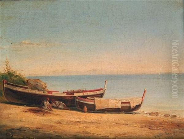 Barque Sur Un Rivage D'italie Avec Deux Pecheurs Oil Painting by Alphee De Regny