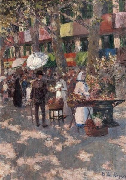 Las Ramblas A Barcelone Oil Painting by Dario de Regoyos y Valdes