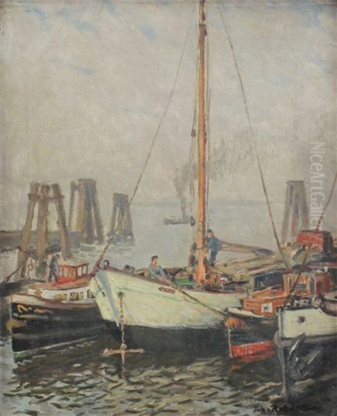 Dockside Scene Oil Painting by Julius Christian Rehder