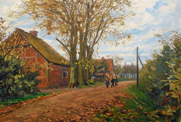 Children On A Village Road Oil Painting by Julius Christian Rehder