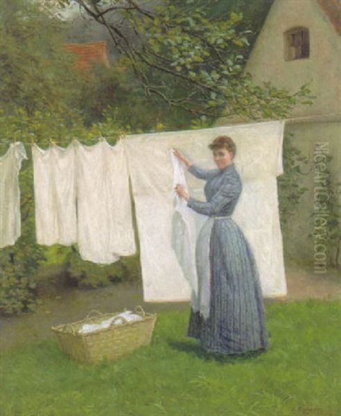 Junge Frau Im Garten Wasche Aufhangend Oil Painting by Julius Christian Rehder