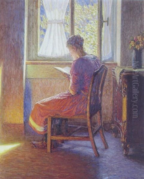 Interior Med Laesende Dame Ved Vinduet Oil Painting by Julius Christian Rehder