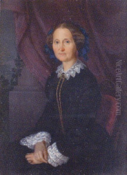 A Lady Wearing A Blue Cap Over Dark Hair Oil Painting by Xaver Franz Reich