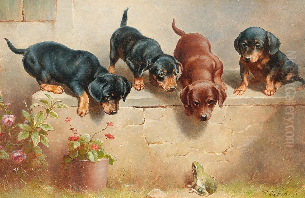 Curious Dachshund Puppies And A Frog Oil Painting by Carl Reichert