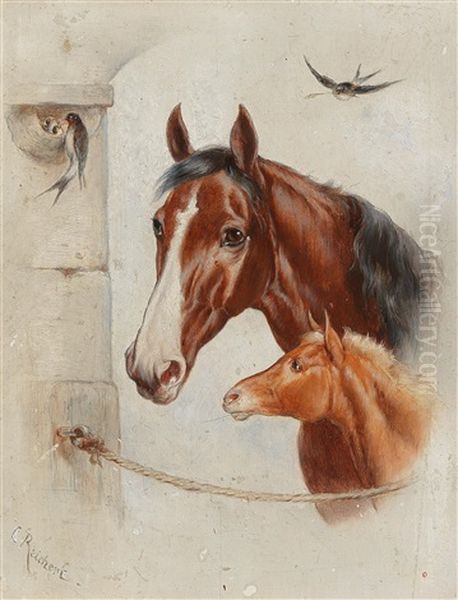 Idyllic Stable Scene Oil Painting by Carl Reichert