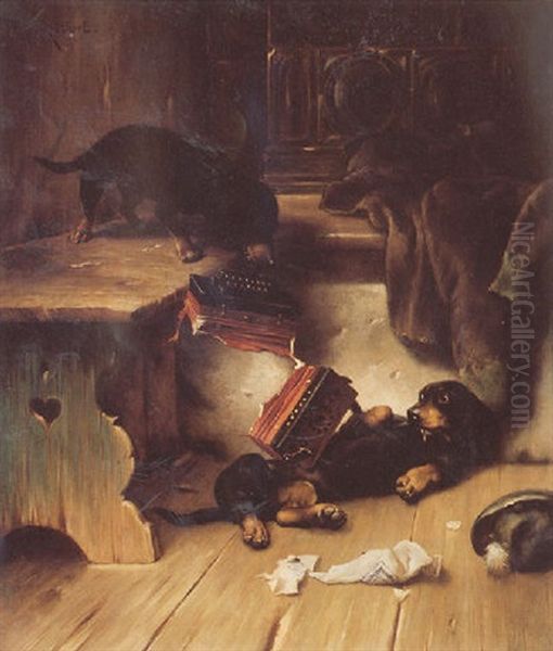 Playfull Dachshunds Oil Painting by Carl Reichert