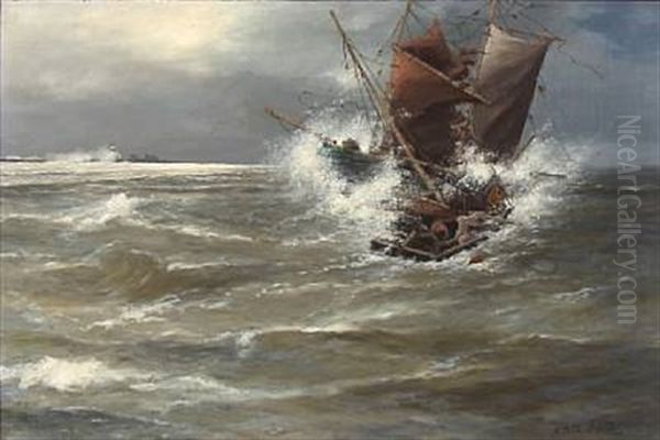 Collision Between Two Sailing Ships In Rough Sea Oil Painting by Alexander Reich-Staffelstein