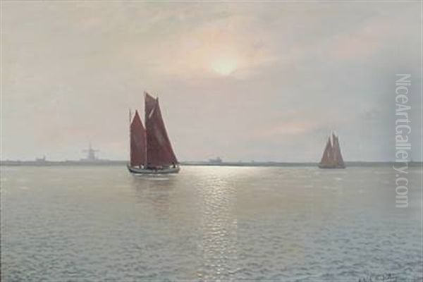 Evening Atmosphere With Fishing Boats At Sea Off A Coast Oil Painting by Alexander Reich-Staffelstein