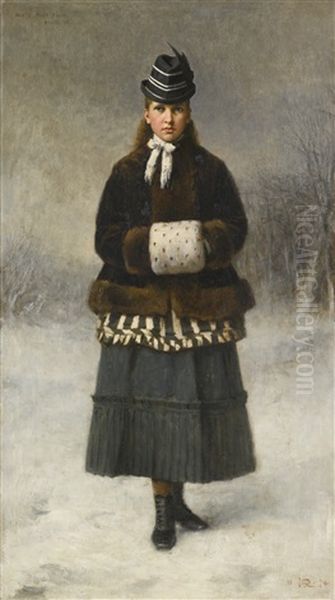 Portrait Of Mabel Mary Field, Aged 13, Standing Full-length, In A Brown Fur Jacket Oil Painting by George, Sir Reid