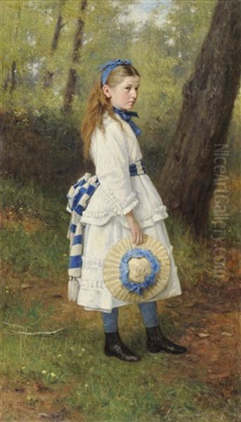 Portrait Of A Young Girl, Standing In A Sunlit Glade, Wearing A Cream Dress With Blue And White Ribbons, Holding A Bonnet In Her Right Hand Oil Painting by George, Sir Reid