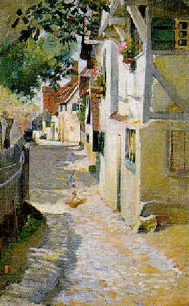 A French Street Scene, Brittany Oil Painting by Robert Payton Reid