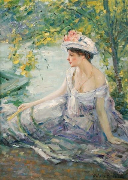 Summer Reverie/young Woman At Ease On A Riverbank Oil Painting by Robert Reid