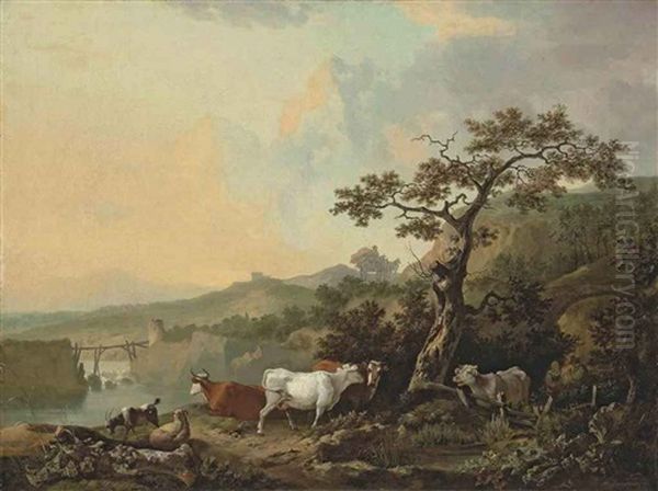 A River Landscape With Livestock, A Wagon On A Track Beyond Oil Painting by Philipp Reinagle