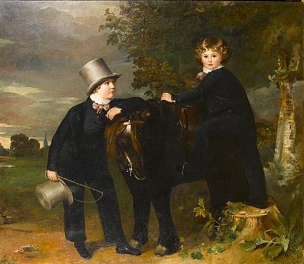Portrait Of Two Boys With Their Pet Pony, In A Wooded Landscape Oil Painting by Philipp Reinagle