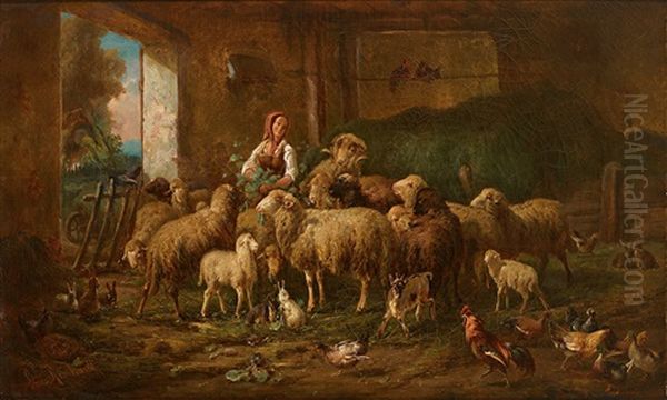 Schafherde Im Stall Mit Federvieh Und Junger Bauerin Oil Painting by Louis (Ludwig) Reinhardt