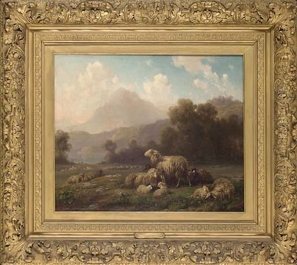 Sheep Grazing, A Mountainous Landscape Beyond Oil Painting by Louis (Ludwig) Reinhardt