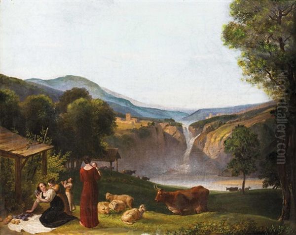 Zwei Mutter Mit Kindern Vor Heroischer Landschaft Mit Wasserfall Oil Painting by Friedrich Philipp Reinhold