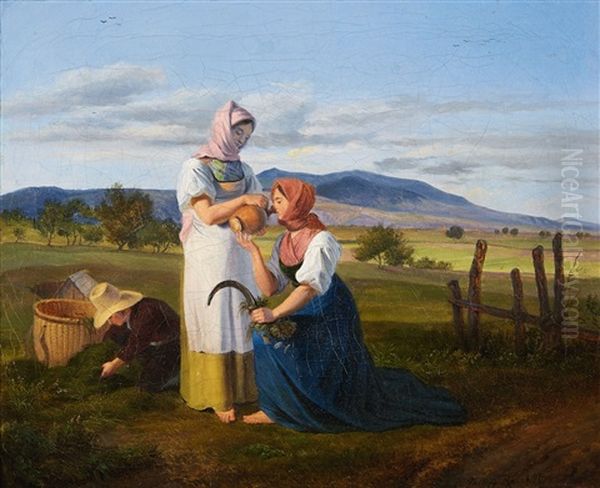 Rest From Work In The Fields Oil Painting by Friedrich Philipp Reinhold