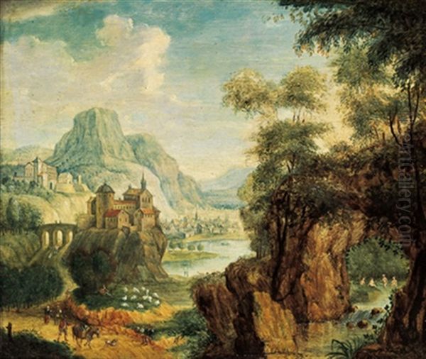 Gebirgige Flusslandschaft Mit Einer Burg Und Figuren Oil Painting by Friedrich Philipp Reinhold