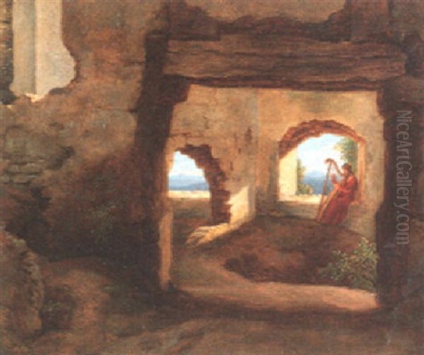 Harfenspieler In Einer Burgruine Oil Painting by Friedrich Philipp Reinhold