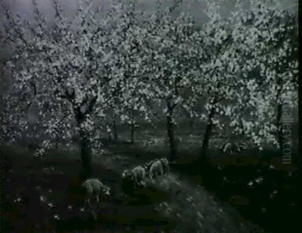 Osterlammer Unter Bluhenden Baumen Oil Painting by Ella von Reinol-Werner