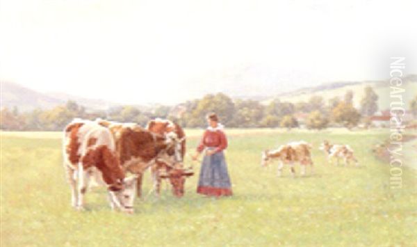 A Summer Meadow With A Cowherd And Cattle Oil Painting by Hermann Reisz