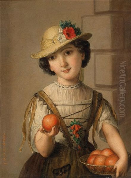 Die Apfelverkauferin Oil Painting by Johann Baptist Reiter