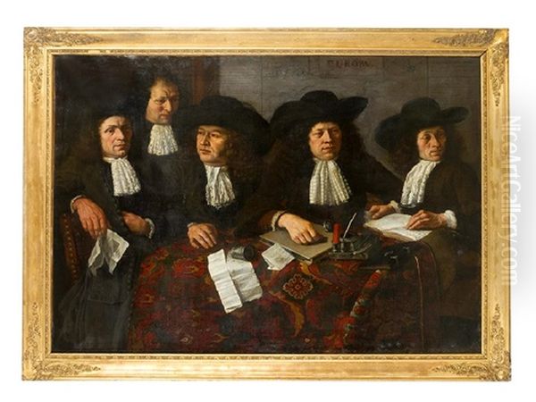 Large Group Portrait Of Five Dutch Merchands Or Members Of A Society With Books, Letters And Ink Set On A Table Covered With An Oriental Carpet In Front Of A Map Of Europe, In The Book And On The Central Letter Possibly Described Oil Painting by Harmenszoon van Rijn Rembrandt